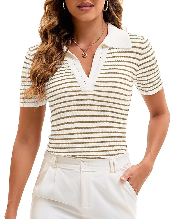 Cioatin Women Short Sleeve Striped Knit Polo Crop Shirt Tops Vintage Collar V Neck Slim Fit T-Shi... | Amazon (US)