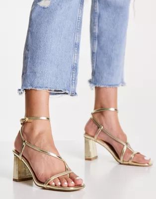 Schuh Storm strappy flared heeled sandals in gold | ASOS (Global)