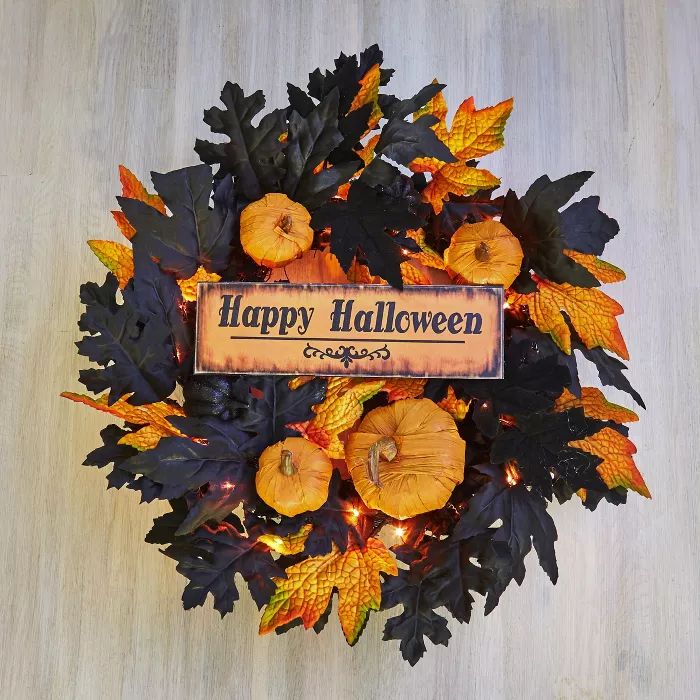Lakeside Lighted Halloween Wreath with Miniature Pumpkins, Faux Fall Foliage | Target