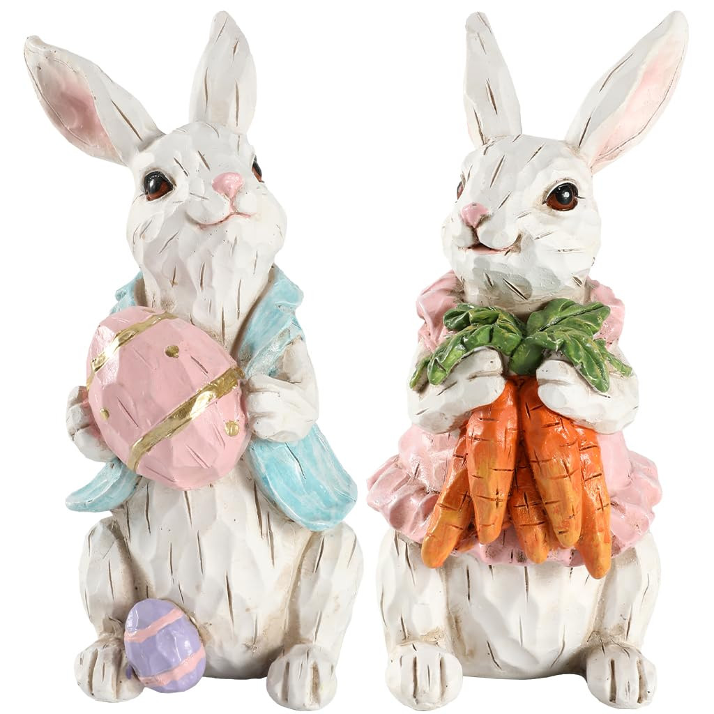 Easter Bunny Figurines Set of 2 - Hand-Painted Resin Rabbit Decorations with Carrots and Easter E... | Amazon (US)