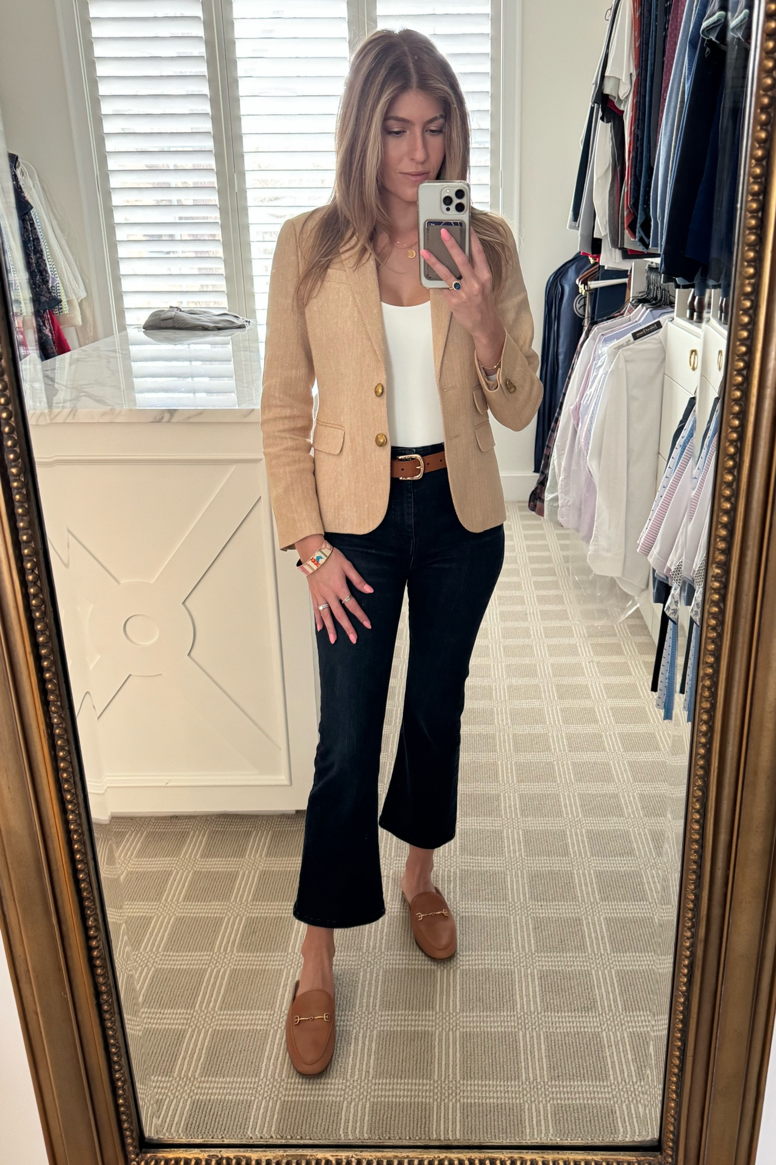 Spring fashion, blazer, dark jeans, brown belt, brown mules, Hermes bracelet, white bodysuit 

#LTKWorkwear #LTKStyleTip