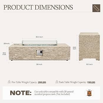 UPHA 56-inch Outdoor Propane Gas Fire Pit Table 50000 BTU Concrete Rectangle FirePit for Outside ... | Amazon (US)