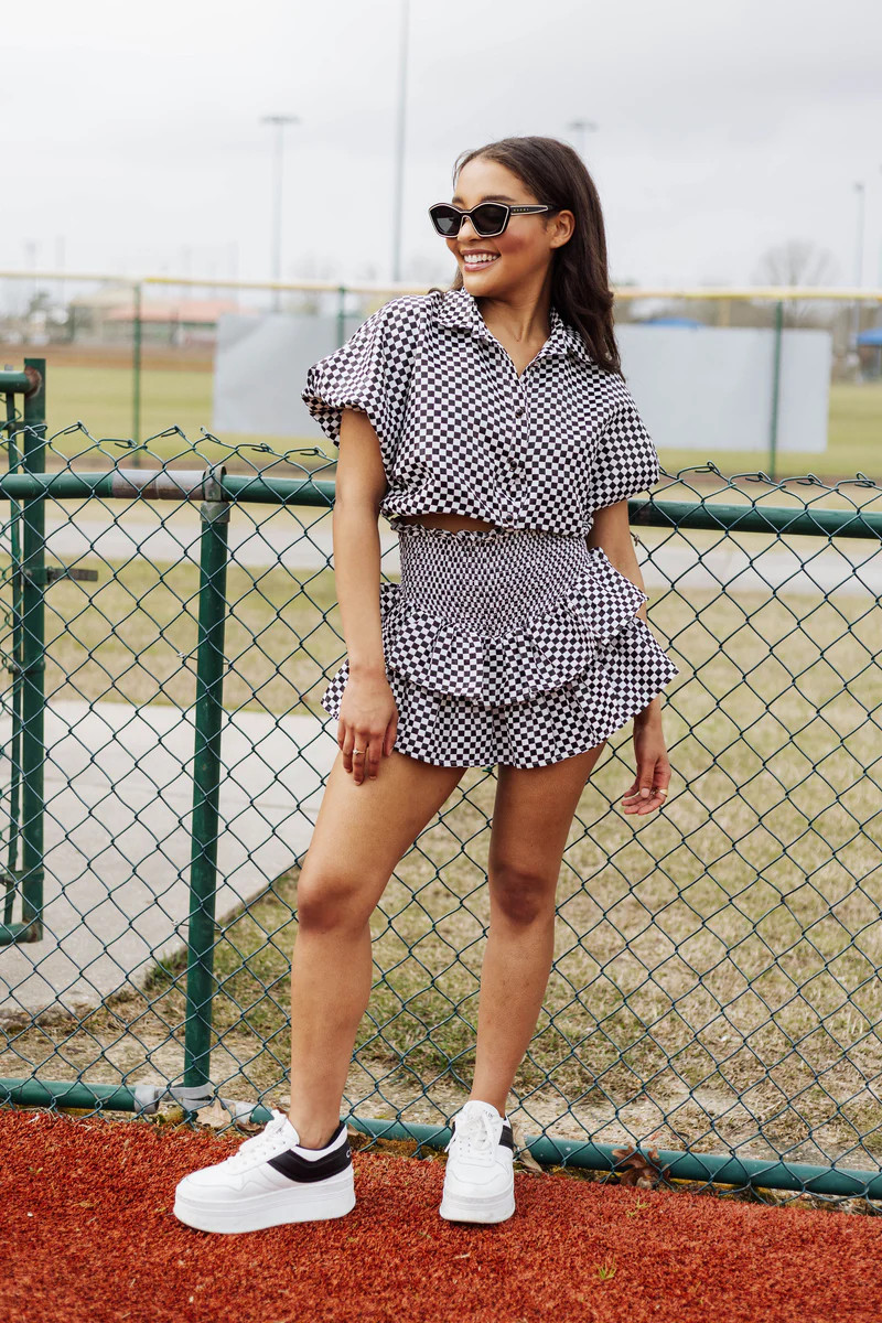Black & White Checkered Smocked Skort | Queen of Sparkles