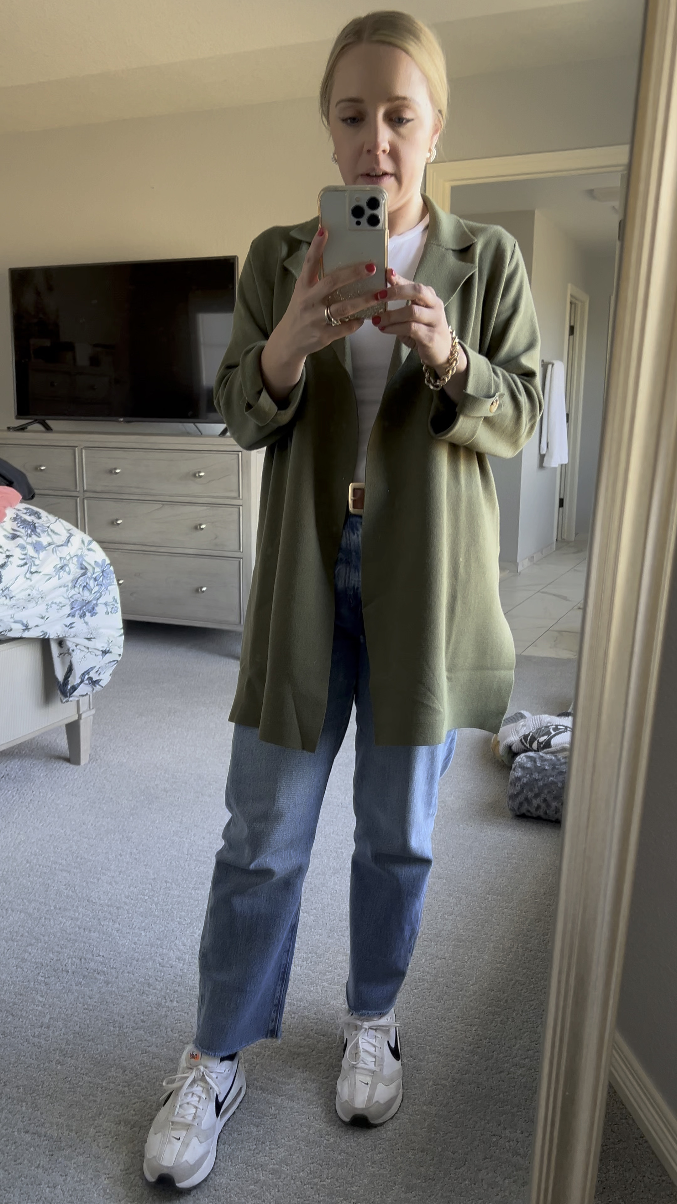 Petite trench jacket in a size down and petite jeans in a 2 petite. These petite straight leg jeans are super comfortable and I love the fit. Casual outfit. Petite. Petite jeans. 

#LTKsalealert #LTKSeasonal