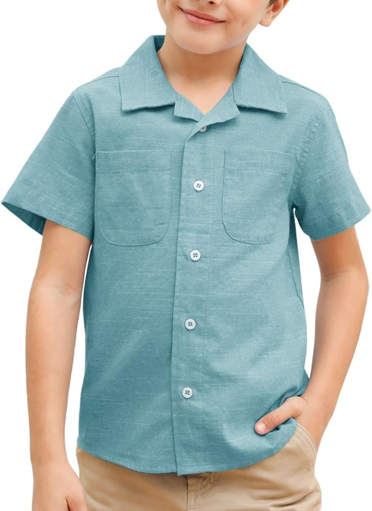 Boys Short Sleeve Henley Shirt Button Up Linen Cotton Dress Shirts Tees Tops with One Pocket | Amazon (US)