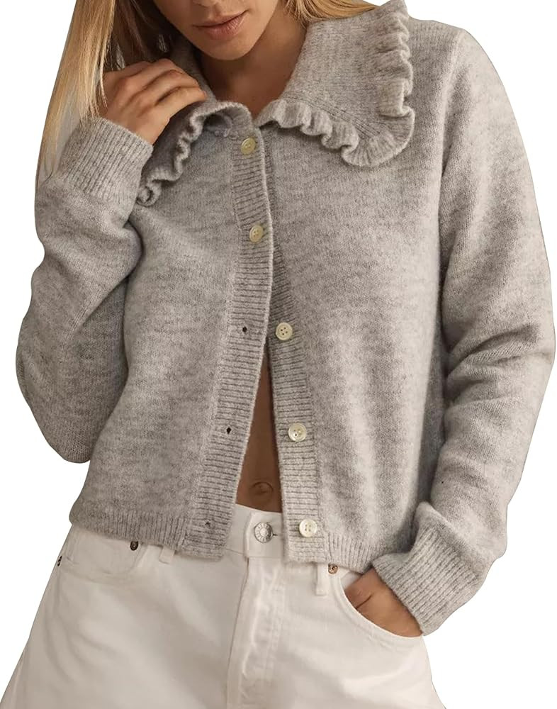 Women's Ruffle Collar Sweater Cardigan Long Sleeve Button Down Knit Sweater Casual Open Front Cro... | Amazon (US)
