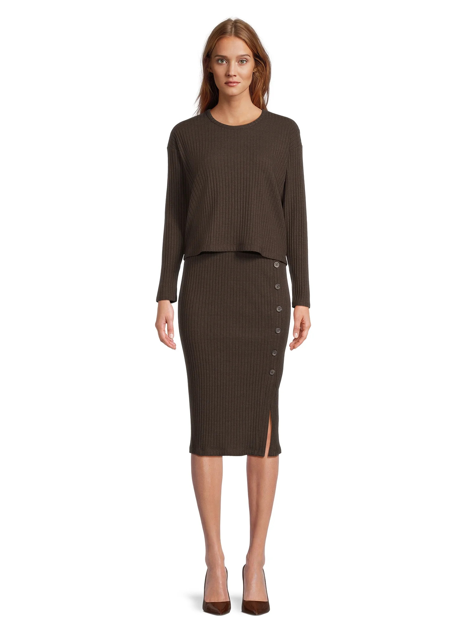 Time and Tru Women's Rib Knit Long Sleeve Top and Midi Skirt Set, 2-Piece , Sizes XS-XXL | Walmart (US)