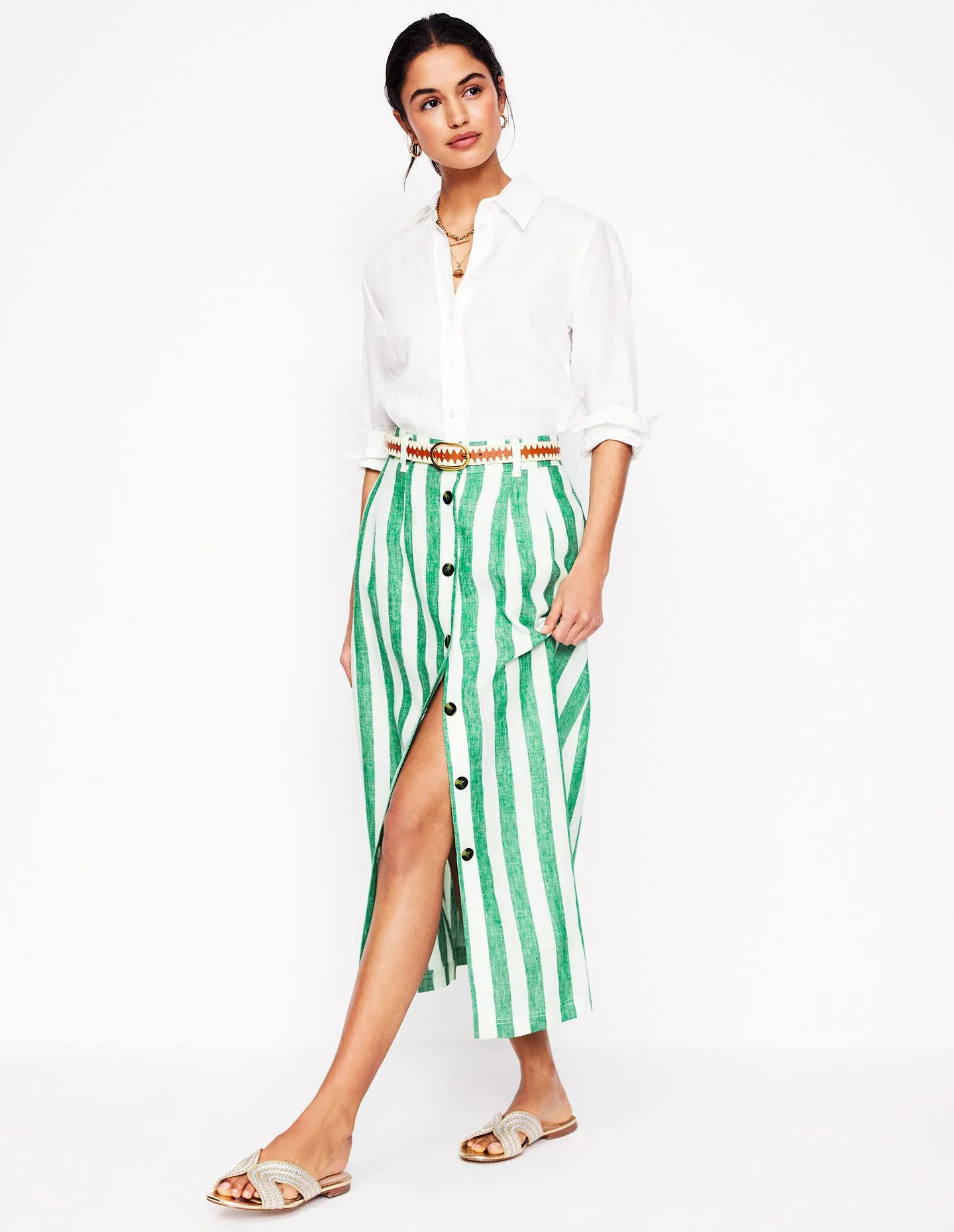 Thomasina Linen Midi Skirt-Rich Emerald Stripe | Boden UK