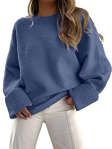 LOGENE Women's Oversized Sweater Crewneck Long Sleeve Soft Fuzzy Knit Pullover Sweaters 2024 Winter Fashion Warm Tops Clothes Dusty Blue X-Large | Amazon (US)