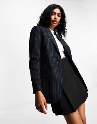 Bershka - Blazer oversize taglio maschile blu navy gessato | ASOS (Global)