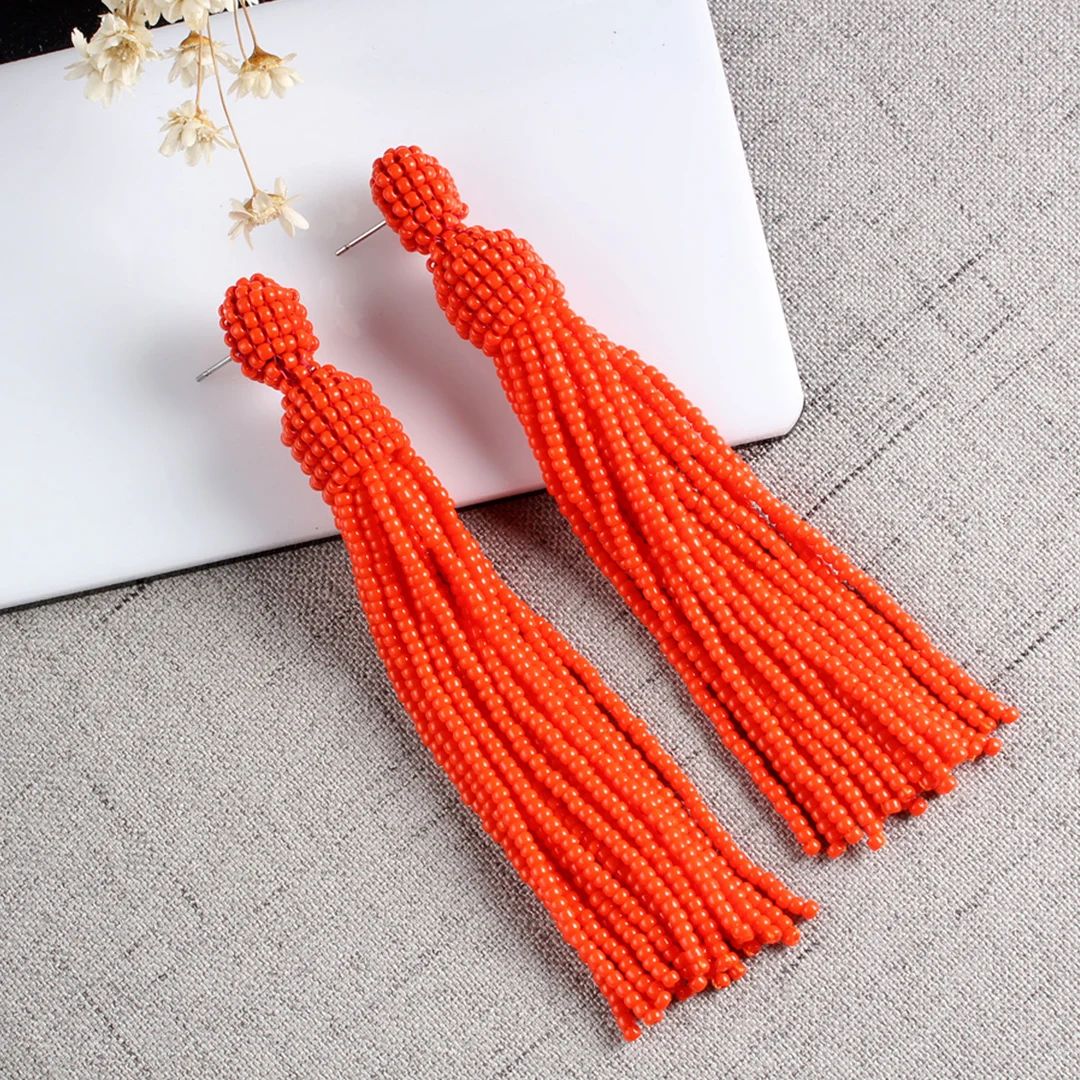 Bright Hot Orange Beaded Tassel Earrings for Women, Seed Beads Long Earrings, Oscar de La Renta S... | Etsy (US)