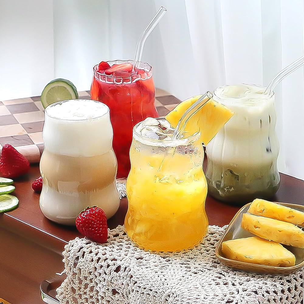 4 Pcs Ribbed Glass Cups, Vintage Drinking Glassware with Glass Straw 18 Oz Bubble Iced Coffee Cup... | Amazon (US)