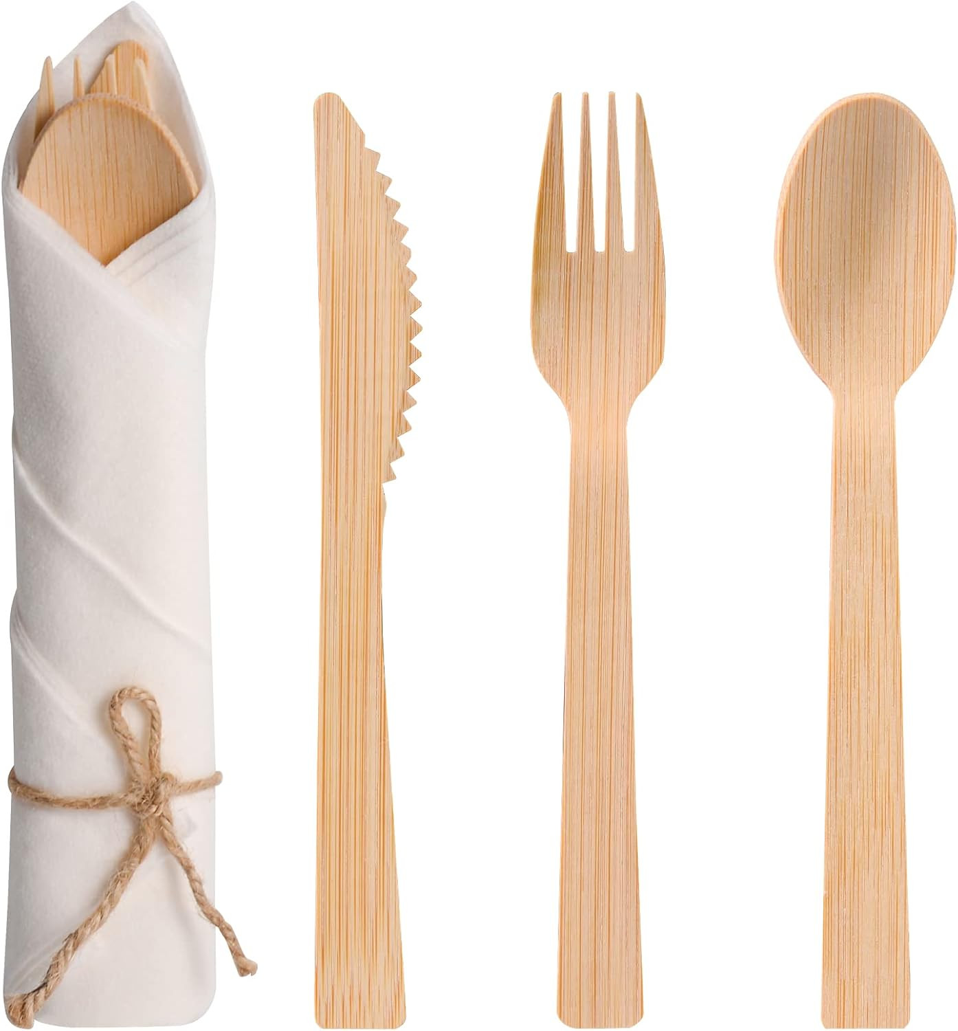 Pre Rolled Napkin and Bamboo Cutlery Set - 50Pack Bamboo Utensils/Compostable Cutlery(50 Forks, 50 Knives, 50 Spoons, 50 Napkins), Biodegradable Wrapped Cutlery for Party, Wedding, Events | Amazon (US)