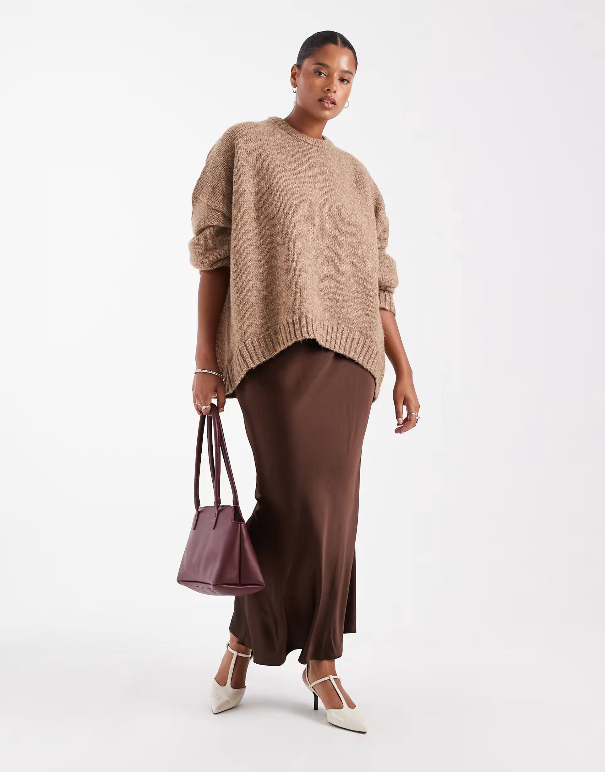New Look Curve satin bias midi skirt in brown | ASOS (Global)