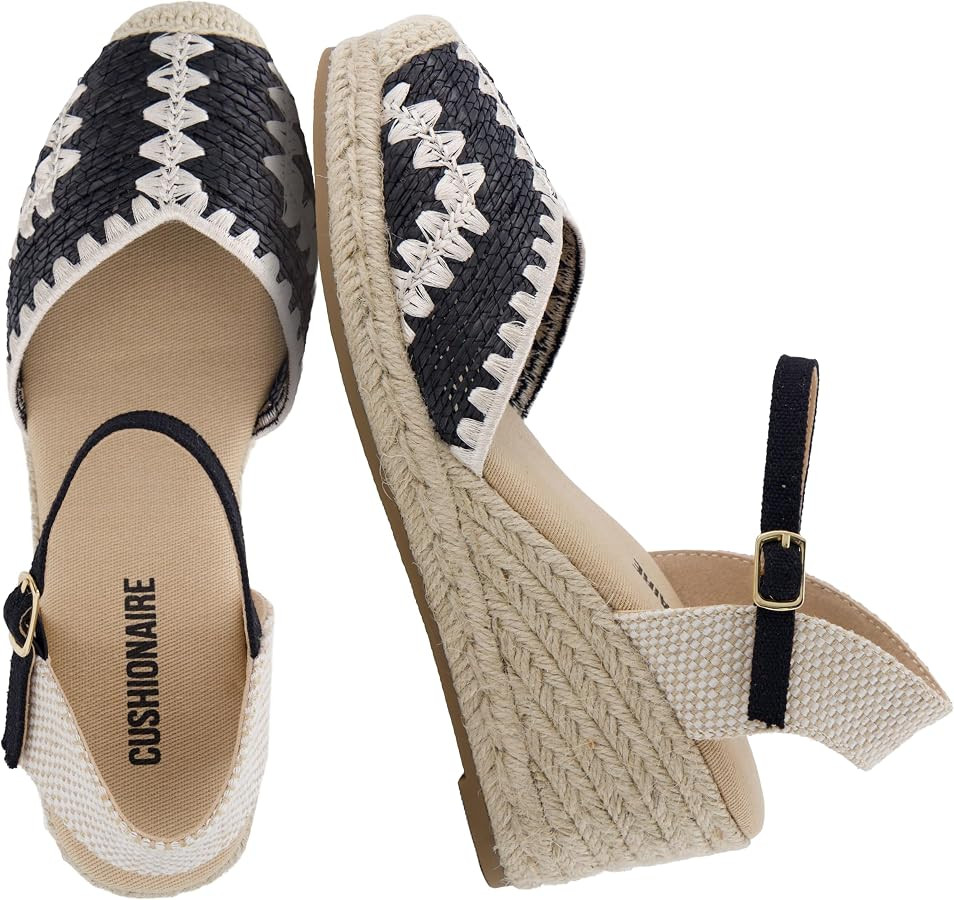 CUSHIONAIRE Samba Raffia Espadrilles for Women, Closed Toe Wedges with Adjustable Ankle Strap and... | Amazon (US)