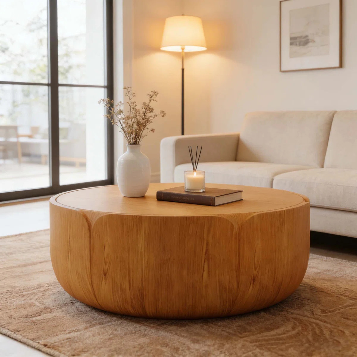 35.63" Round Outdoor Indoor Coffee Table, Modern Wood Grain Drum Center Table | Wayfair North America
