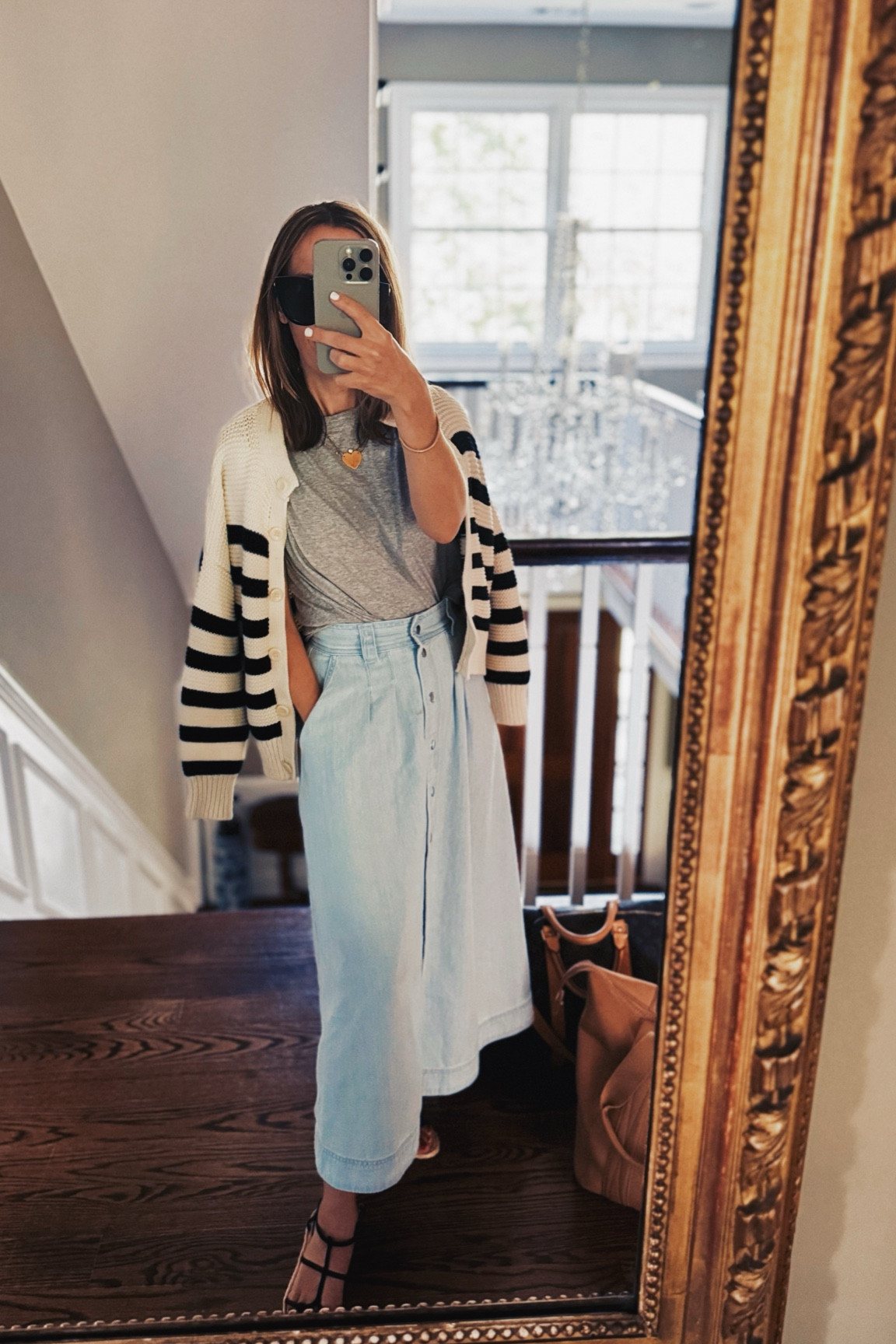 Best striped cardigan. And my skirt was just released in the chicest dark wash denim! Runs a tad small.

#LTKSeasonal #LTKStyleTip