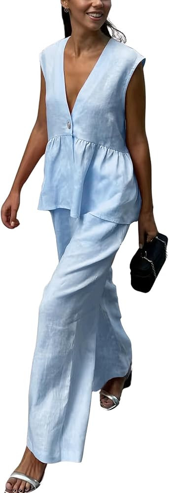 chouyatou Women's Casual 2 Piece Outfits Peplum Ruffle Tank Top Wide Leg Long Palazzo Pants Match... | Amazon (US)