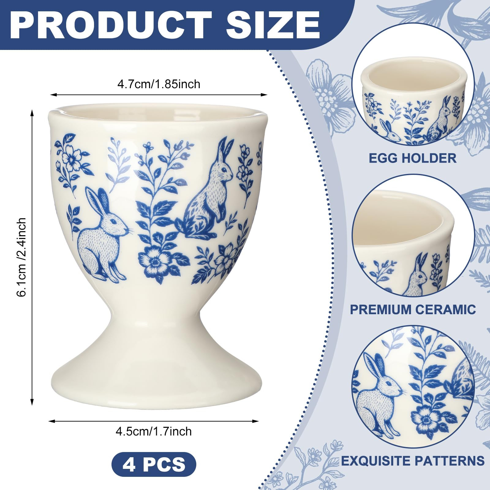 4 Pcs Easter Ceramic Egg Cups for Soft Boiled Eggs Chinoiserie Blue and White Bunny Egg Holders E... | Amazon (US)