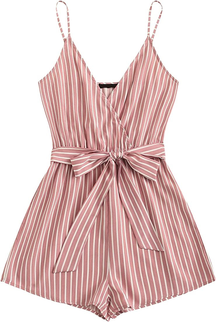 SweatyRocks Women's Boho Floral Print V Neck Beach Shorts Romper Jumpsuit with Belt | Amazon (US)