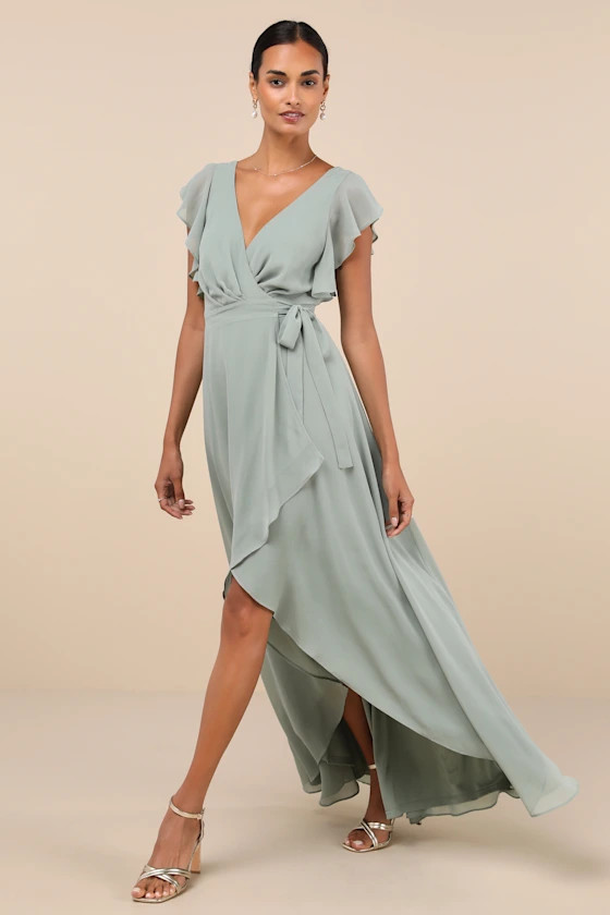 Ravishing Charm Sage Brush Ruffled Wrap High-Low Maxi Dress | Lulus