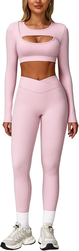ABOCIW Women Workout Sets Long Sleeve Crop Top Built In Bra Crosover High Waist Leggings 2 Piece ... | Amazon (US)