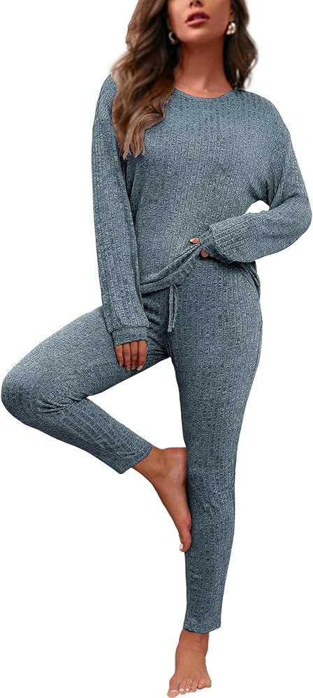 difficort Womens Pajama Sets Long Sleeve Pjs Soft Sleepwear Ribbed Knit Lounge Set with Pockets | Amazon (US)