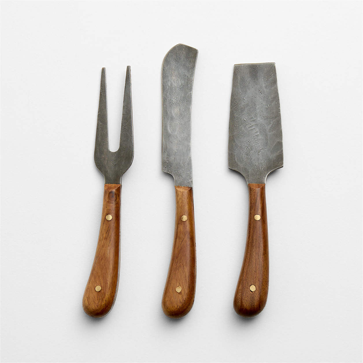 Madeira Walnut Finish & Hammered Metal Cheese Knives | Crate & Barrel | Crate & Barrel