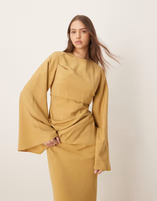 ASOS DESIGN long sleeve waisted maxi dress in soft gold | ASOS (Global)