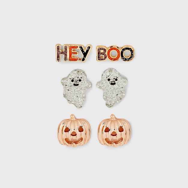 Halloween Ghost Pumpkin and Hey Boo Stud Earring Trio Set - Rose Gold | Target