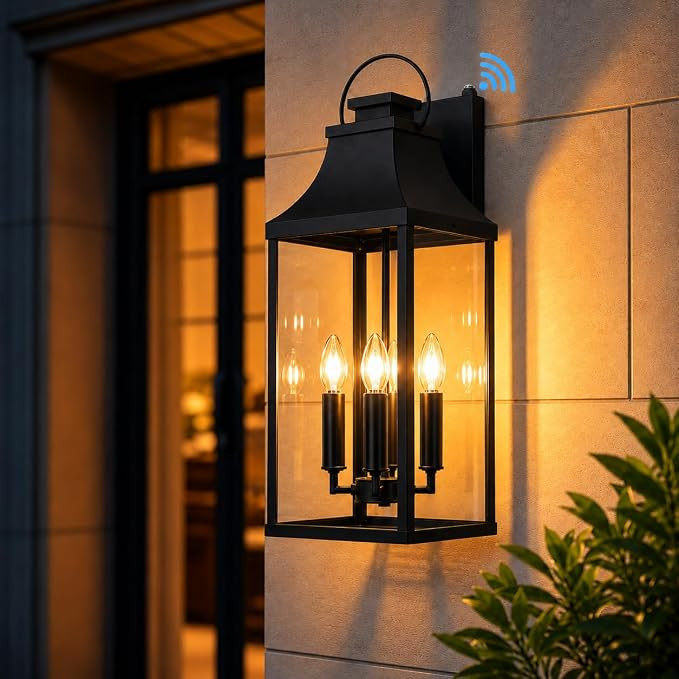 25" Dusk to Dawn Outdoor Lantern, Large 4-Light Exterior Wall Sconce with Glass, Waterproof Black... | Amazon (US)