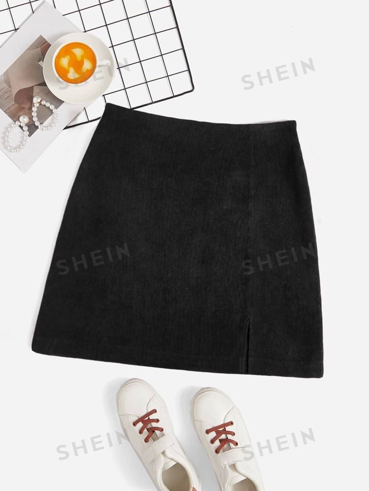 SHEIN Essnce Plus Split Hem Corduroy Skirt | SHEIN