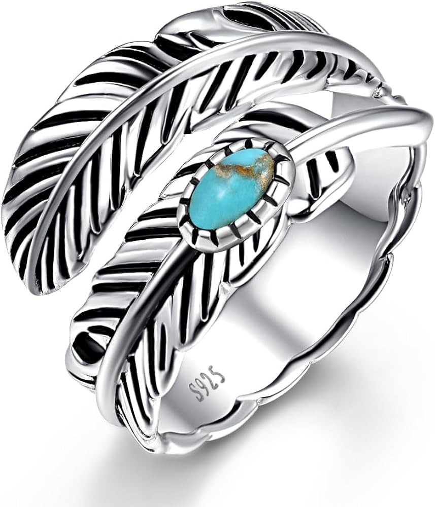 Sterling Silver Feather Ring with Black Onyx & Turquoise - Adjustable Stacking Vintage Statement ... | Amazon (US)