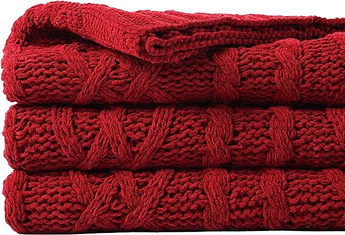 Battilo Christmas Dark Red Throw Blanket for Couch, Bed, Sofa, 51"x67", Woven Chenille Knit Throw... | Amazon (US)