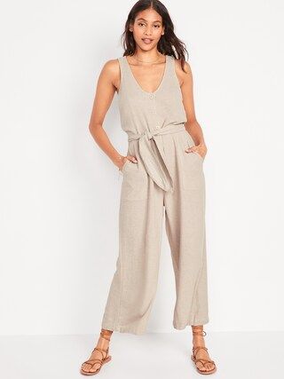 Sleeveless Voop-Neck Cropped Waist-Defined Linen-Blend Jumpsuit for Women | Old Navy (US)