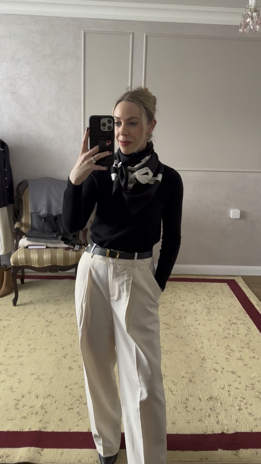 Work wear outfit, vintage Chanel scarf, cream wide leg pants, black and cream outfit, office look 

#LTKWorkwear #LTKWatchNow #LTKFindsUnder100