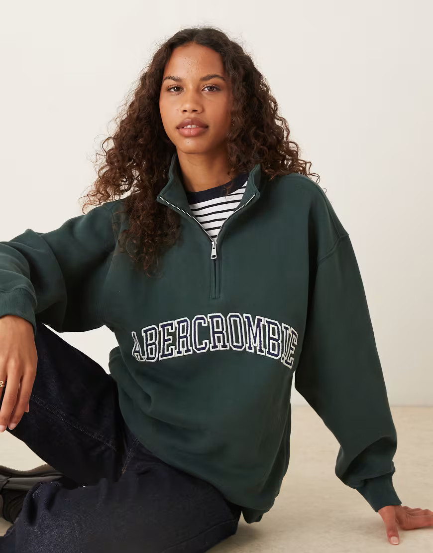 Abercrombie & Fitch front logo fleece quarter zip sweatshirt in green | ASOS (Global)