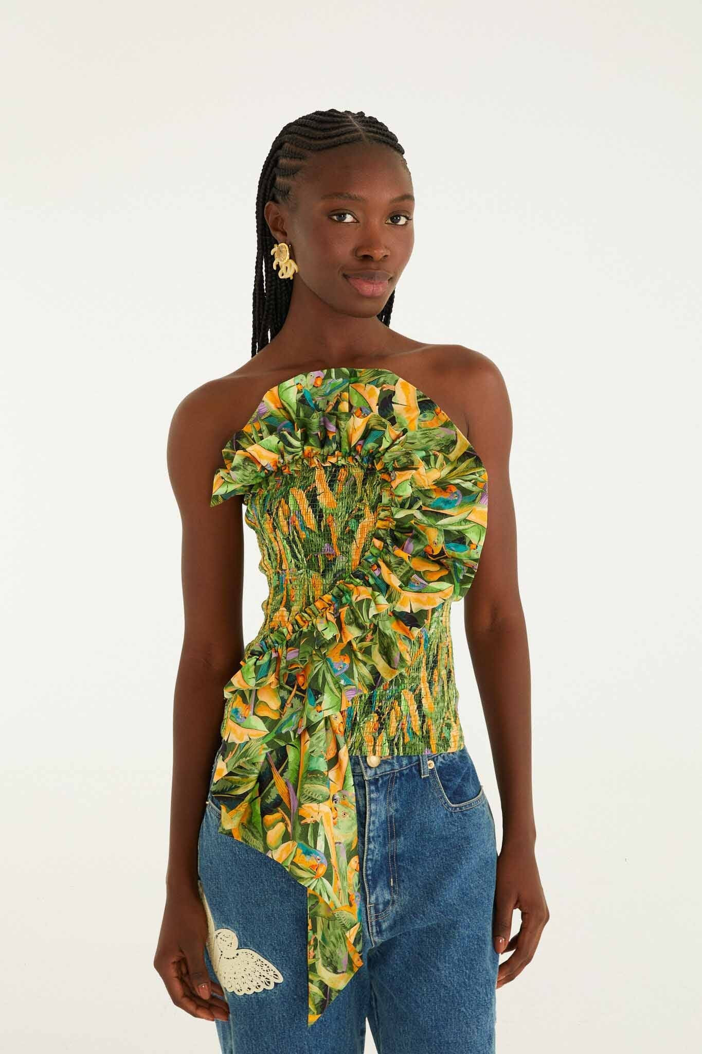 Green Forest Parrots Smocked Ruffled Strapless Top | Farm Rio UK