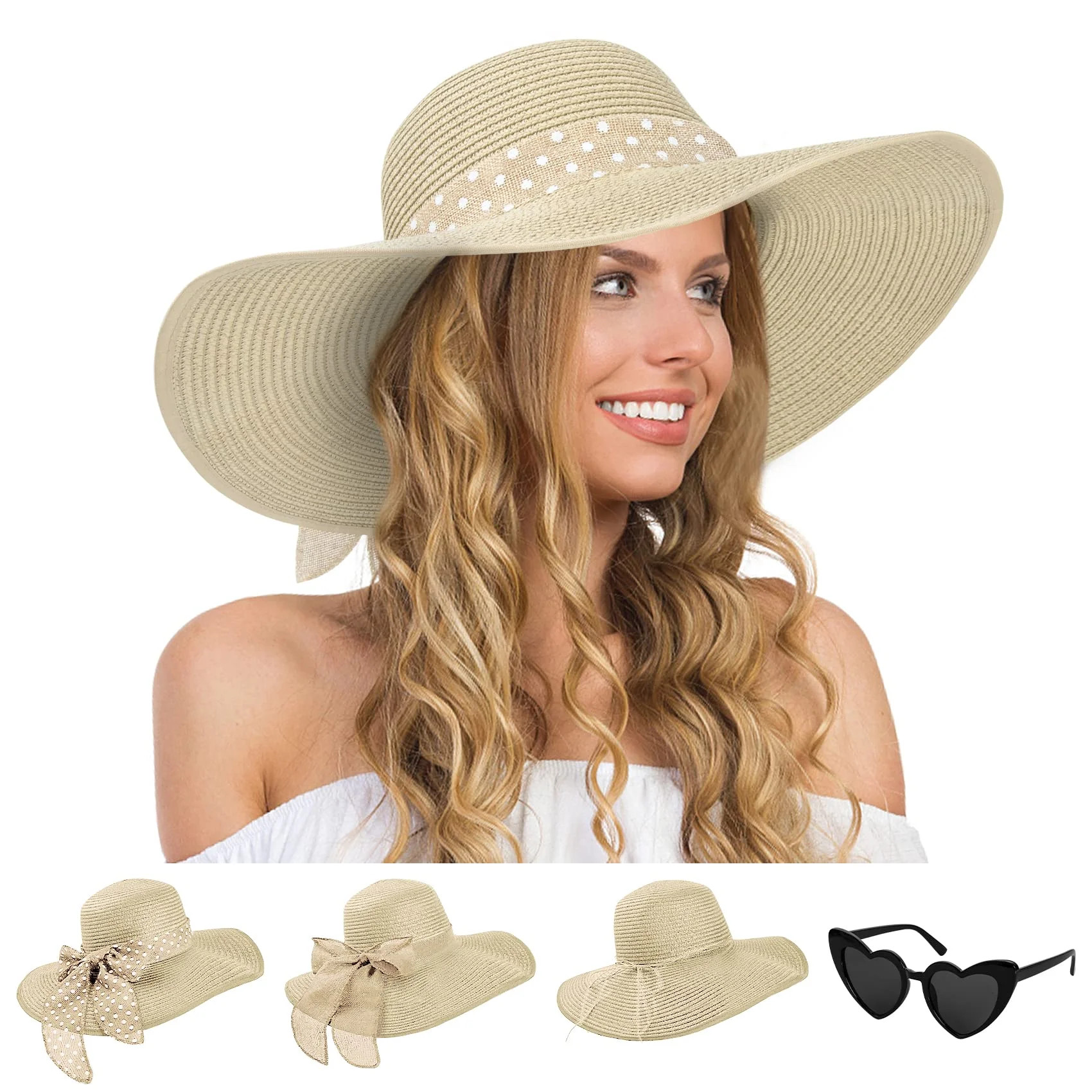 Loritta Women Wide Brim Sun Hats Floppy UPF 50+ Straw Hat with Heart Shape Glasses | Walmart (US)