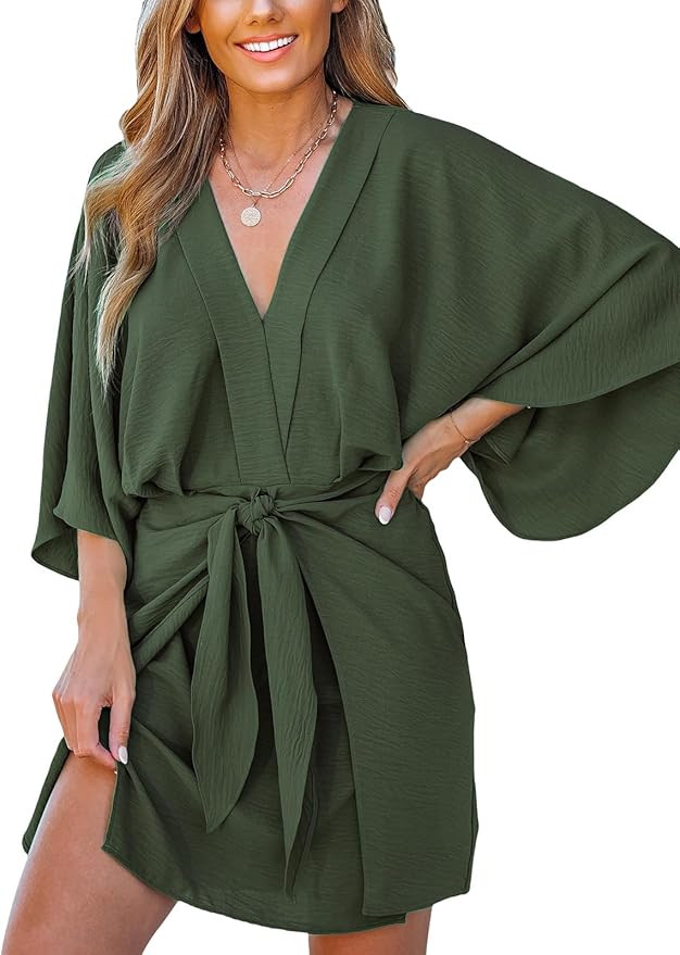 CUPSHE Women's V Neck Summer Dress 3/4 Kimono Sleeve Self Tie Pleated Loose Slit Mini Casual Dres... | Amazon (US)