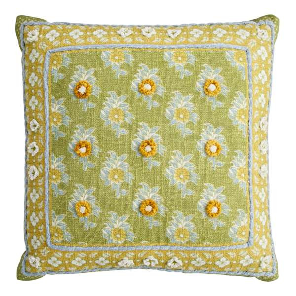 Green Cotton Slub Embroidered Throw Pillow with Border, 18" | At Home