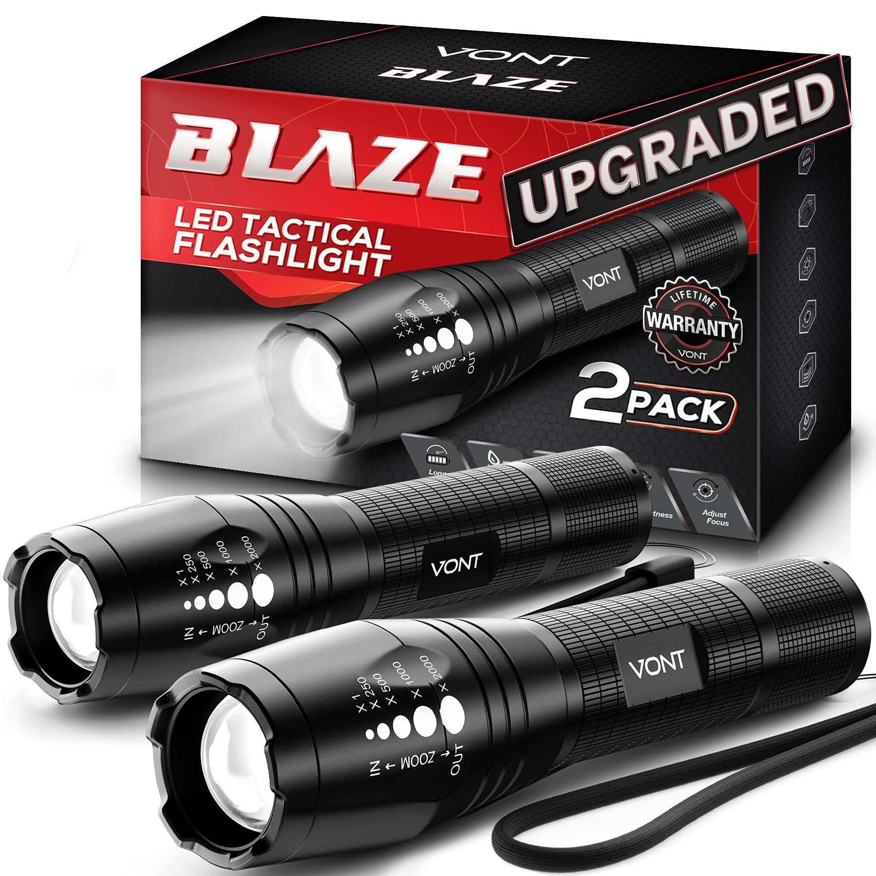 Vont LED Tactical Flashlight, [2 Pack] 2X Longer Battery Life, 5 Modes, High Lumen, Adjustable, Z... | Amazon (US)