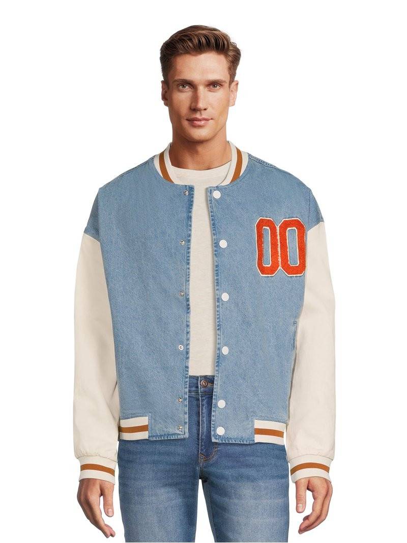 No Boundaries Men's & Big Men's Denim Varsity Jacket, Sizes XS-5XL - Walmart.com | Walmart (US)