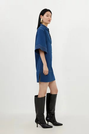 Tencel Denim Woven Mini Dress | Karen Millen US