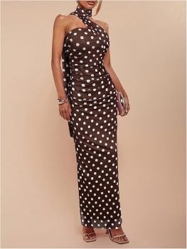 Milumia Women's Polka Dots Mesh Halter Dress Elegant Ruched Bodycon Maxi Dresses with Scarf | Amazon (US)