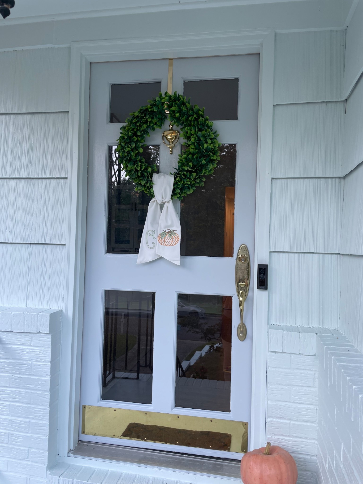 Front door faux wreath + pumpkin sash 

#LTKFallSale #LTKHalloween #LTKSeasonal