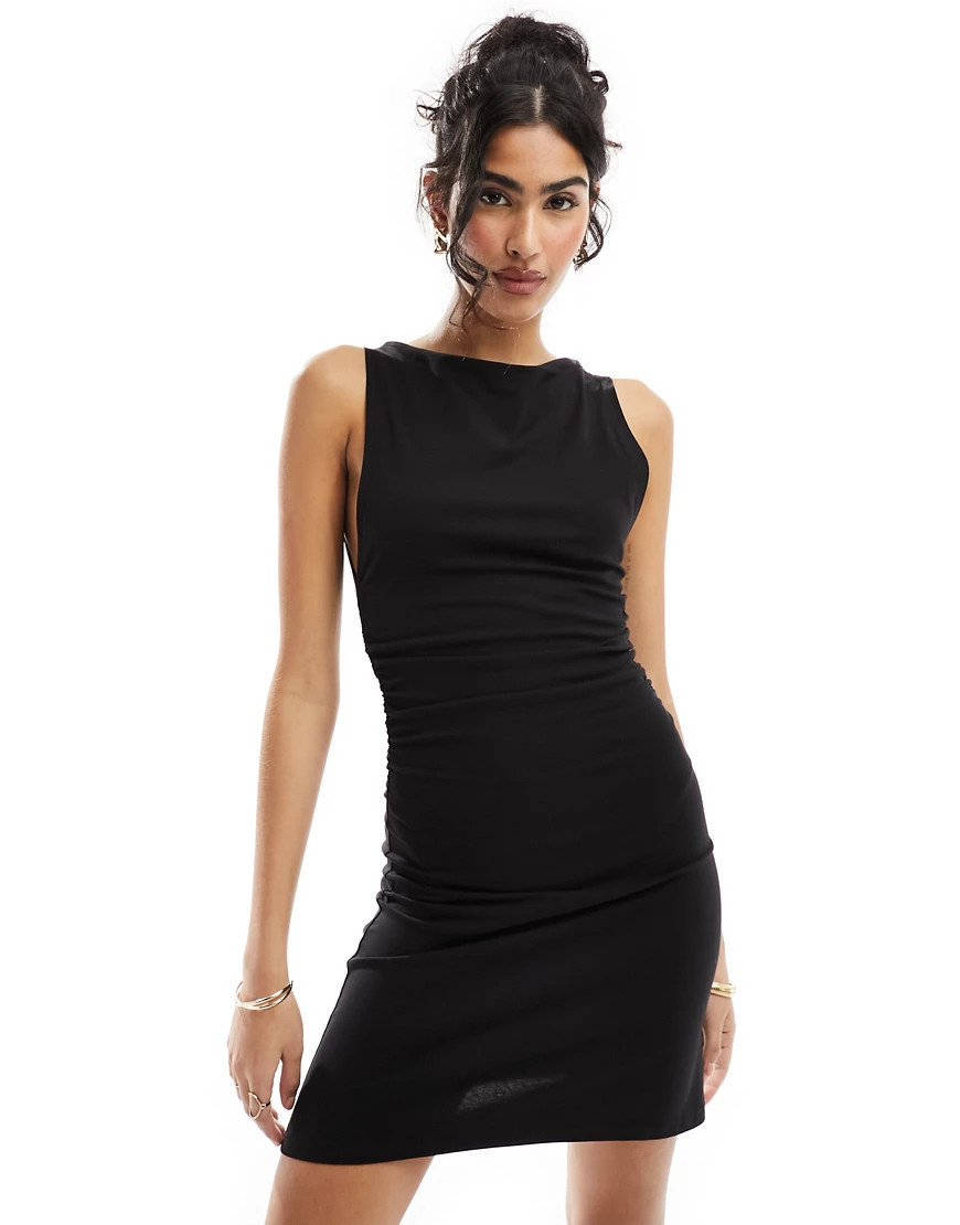 ASOS DESIGN boat neck mini dress with ruched sides in black | ASOS (Global)