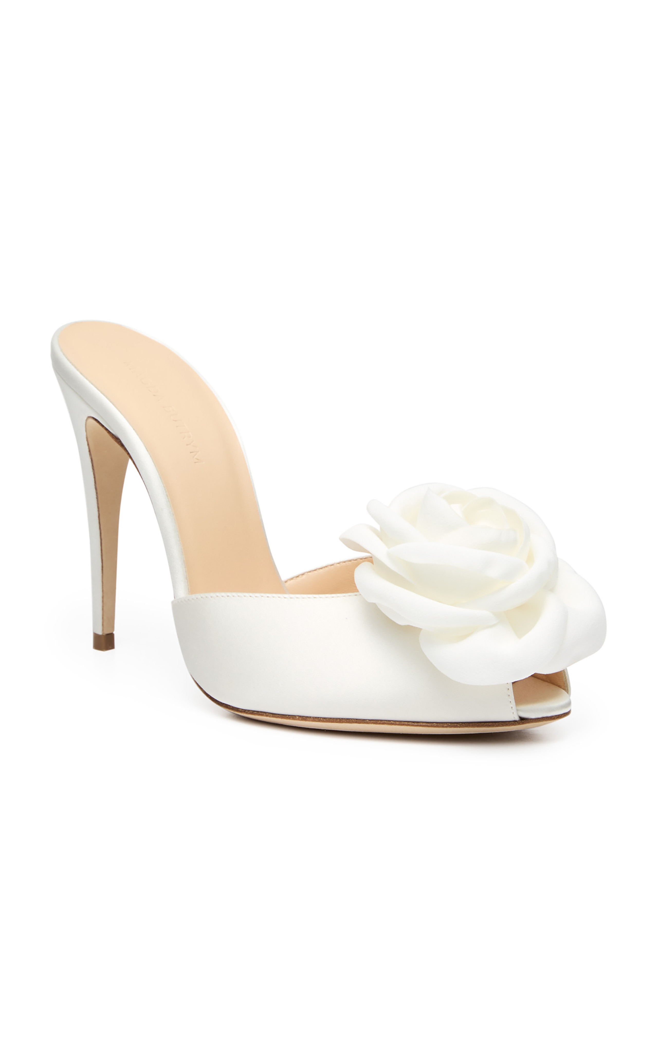 Peep Toe Flower-Embellished Satin Mules | Moda Operandi (Global)