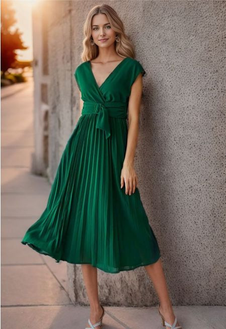 Sash Adorned Pleated Wrap Sleeveless Dress in Green | Chicwish