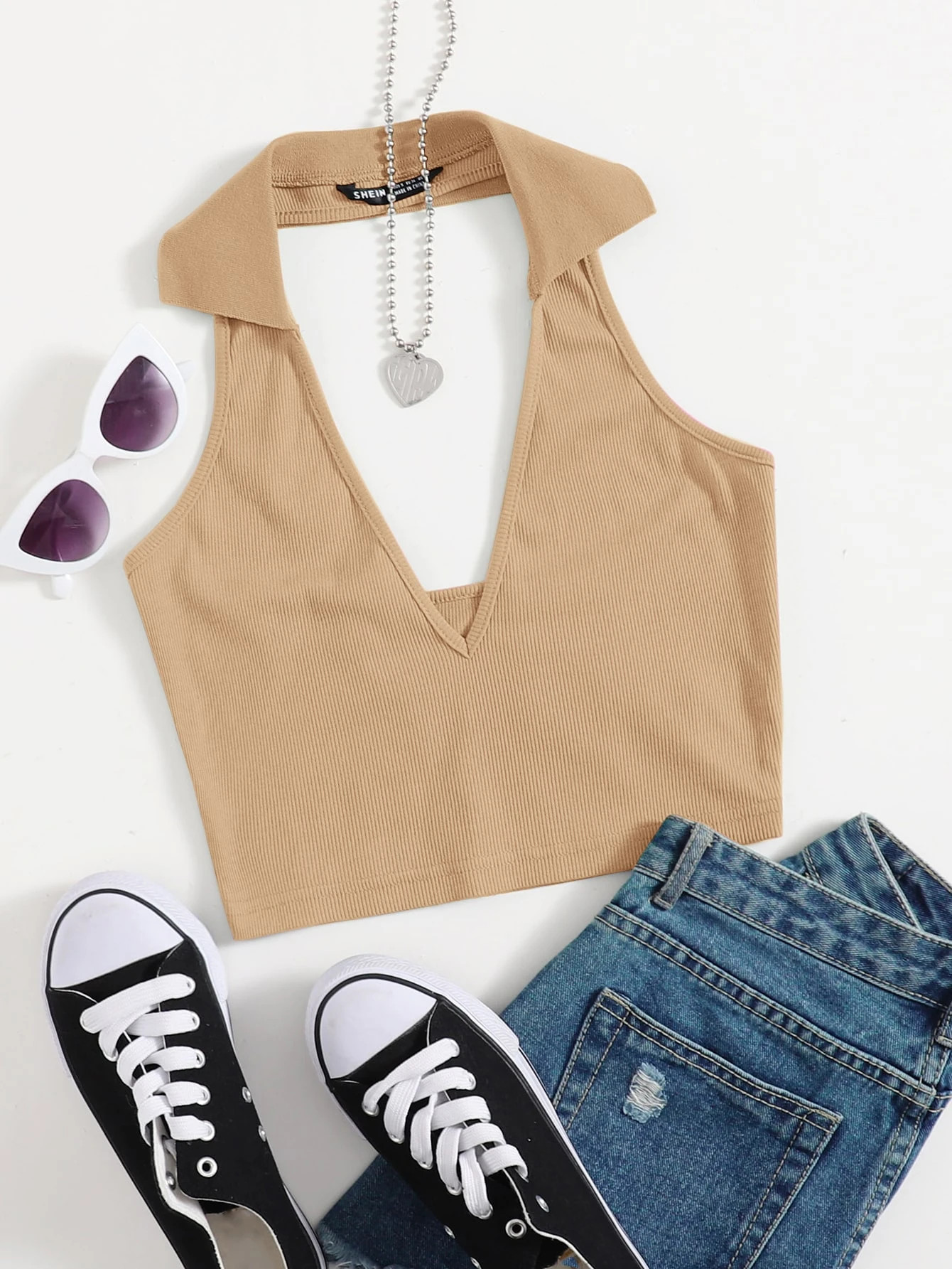 SHEIN Open Back Crop Halter Top | SHEIN
